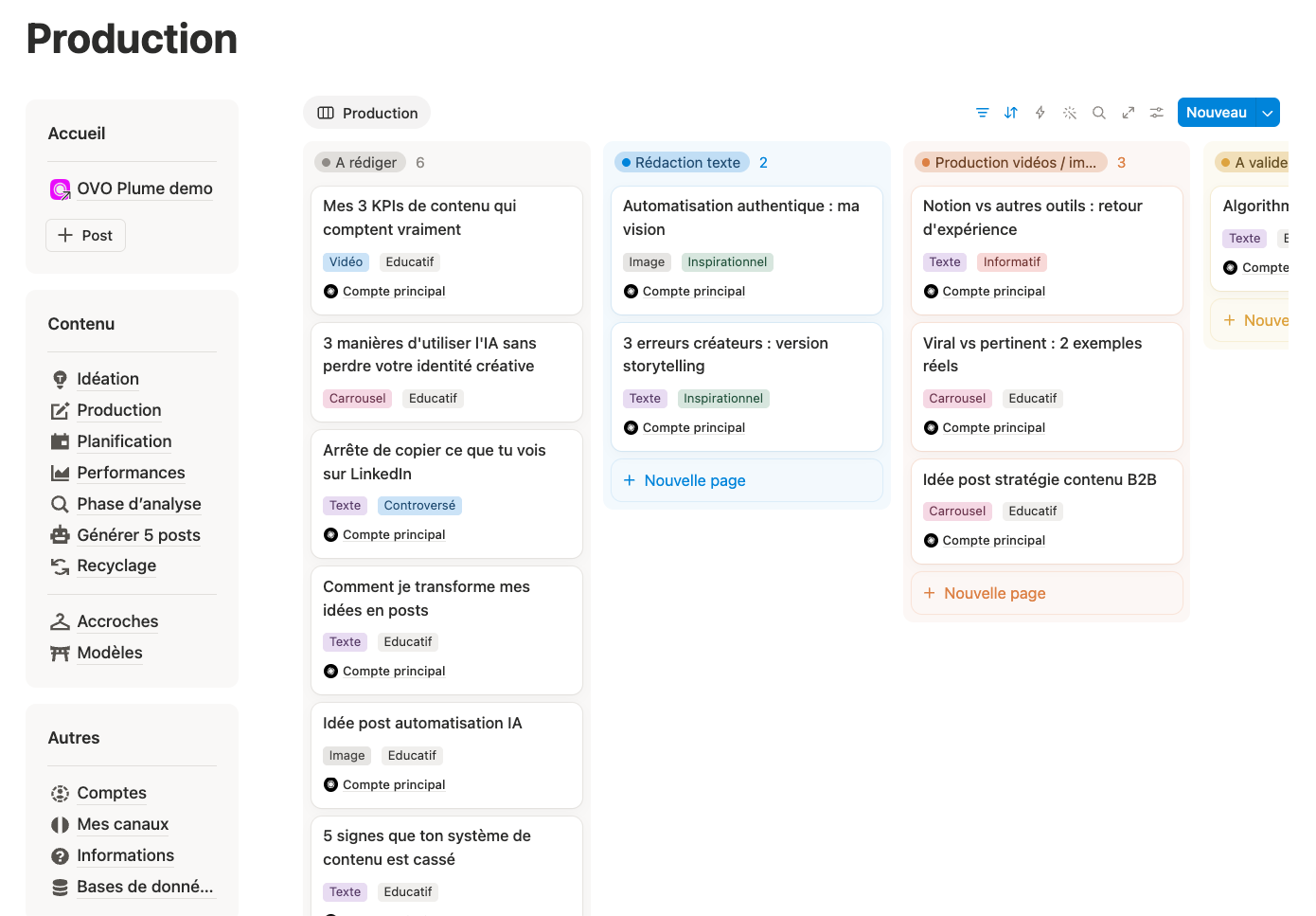 Espace Notion : tableau de production des posts, de A rédiger à A valider